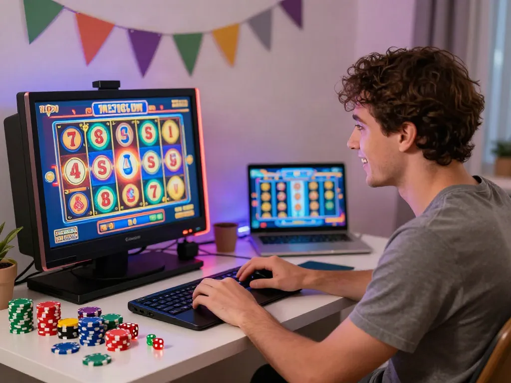 Gamer yang senang bermain slot online di NAGAHOKI303 dengan suasana nyaman dan dekorasi ceria.
