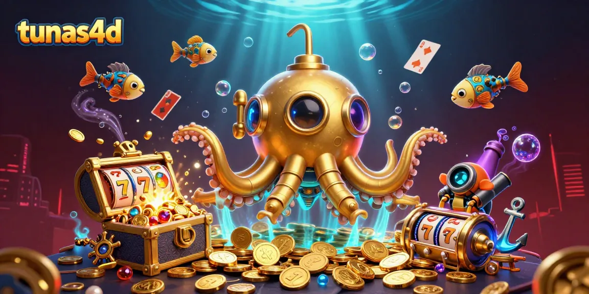 Engage with tunas4d, where a golden kraken submarine surfaces among golden coins and slot reels.