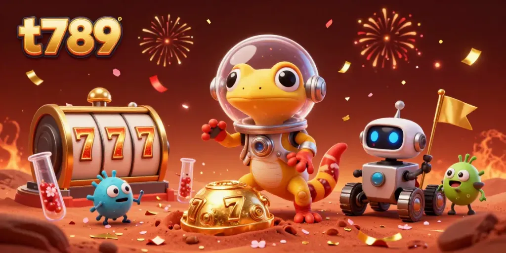 Experience thrilling wins at t789's golden casino on Mars with a playful gecko and its robot rover!