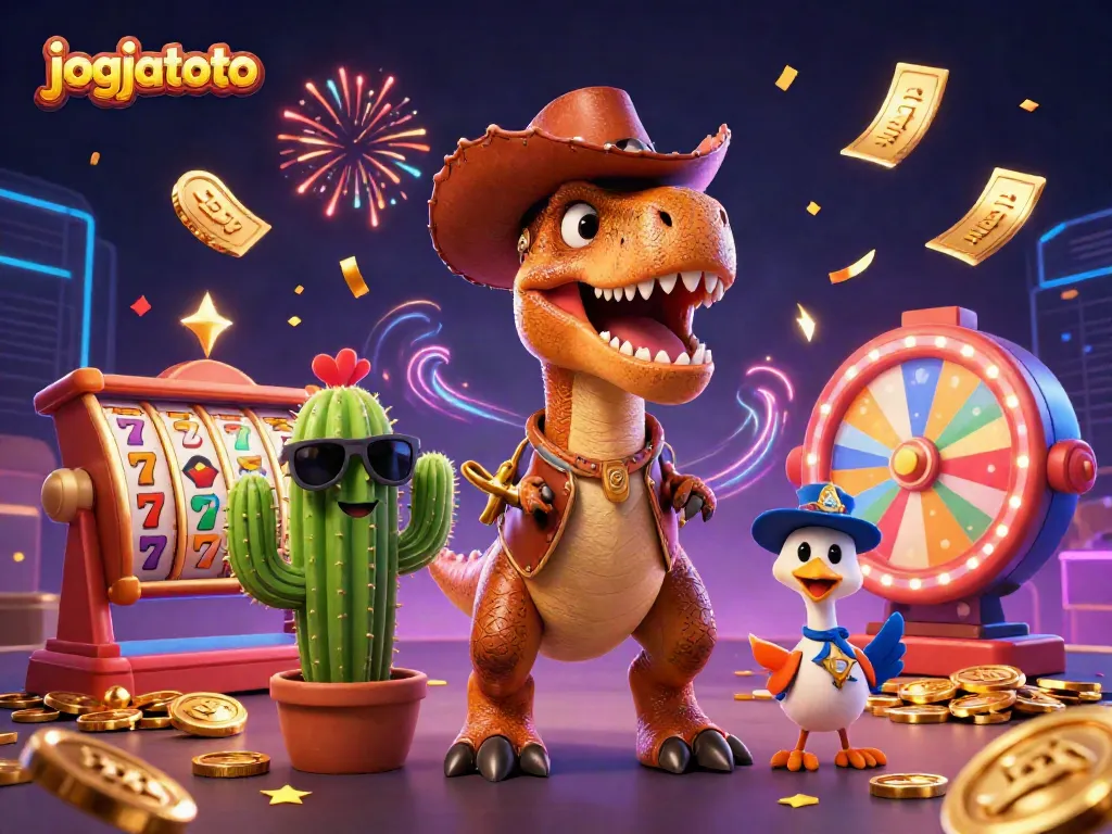 Engage with jogjatoto's lively slot games in this colorful 3D illustration featuring dynamic casino elements.
