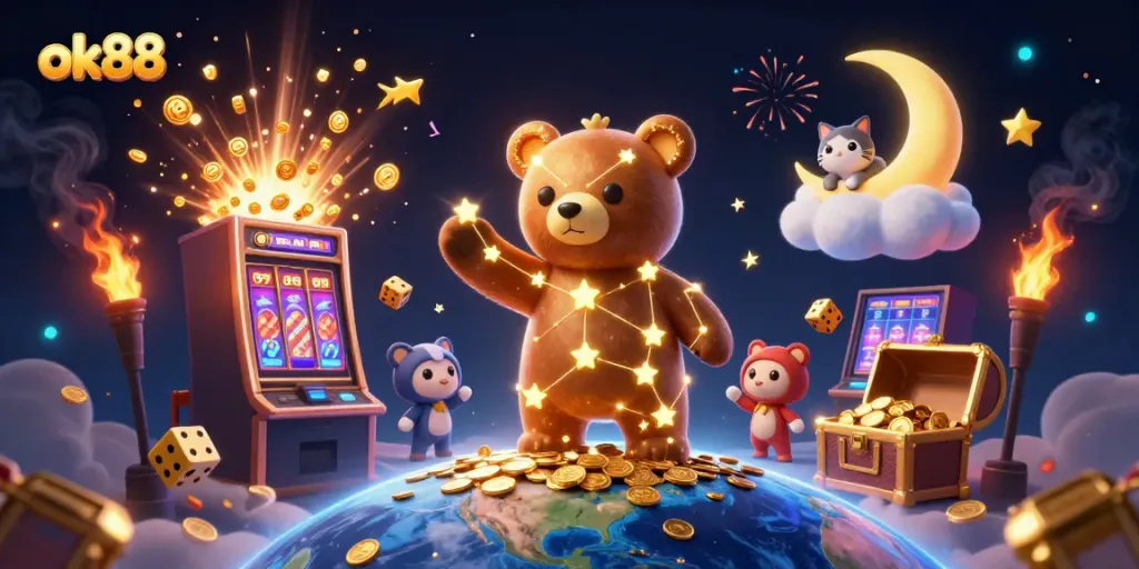Experience high-stakes action at ok88 with golden stars and explosive slot machine rewards.