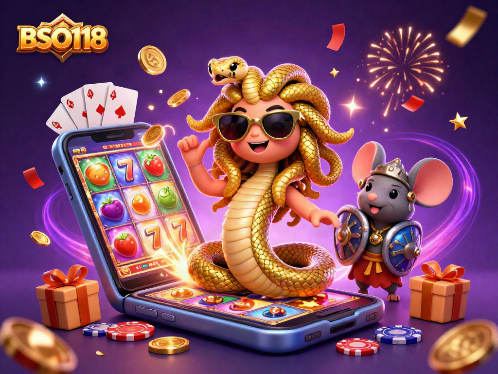 Win big with BSO118: A vibrant 3D casino scene featuring Medusa and a warrior mouse.
