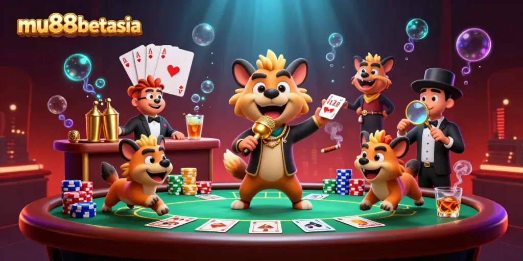 Experience the vibrant atmosphere of mu88betasia featuring cartoon hyenas in a bustling casino scene.
