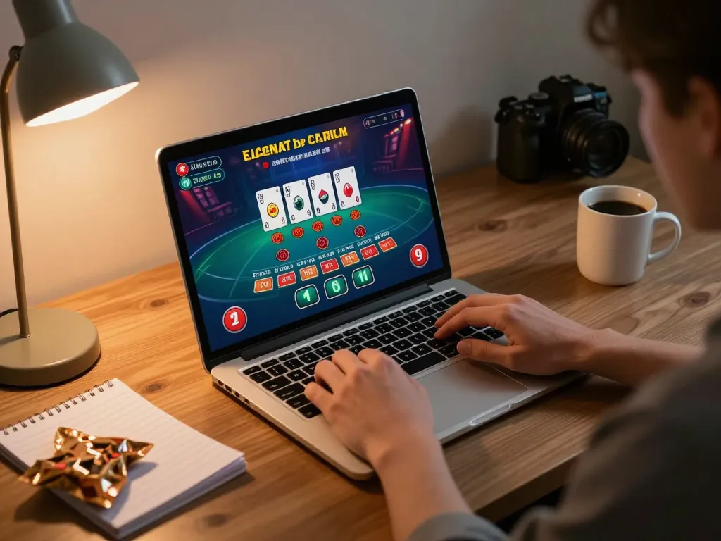 Person playing Fun88 blackjack on a laptop at home with notes and snacks.