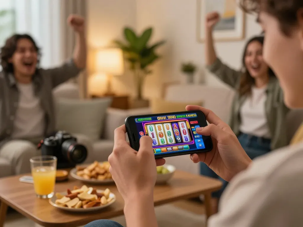 Pemain terlibat menikmati permainan slot hwg500 di smartphone, suasana rumah yang hangat.