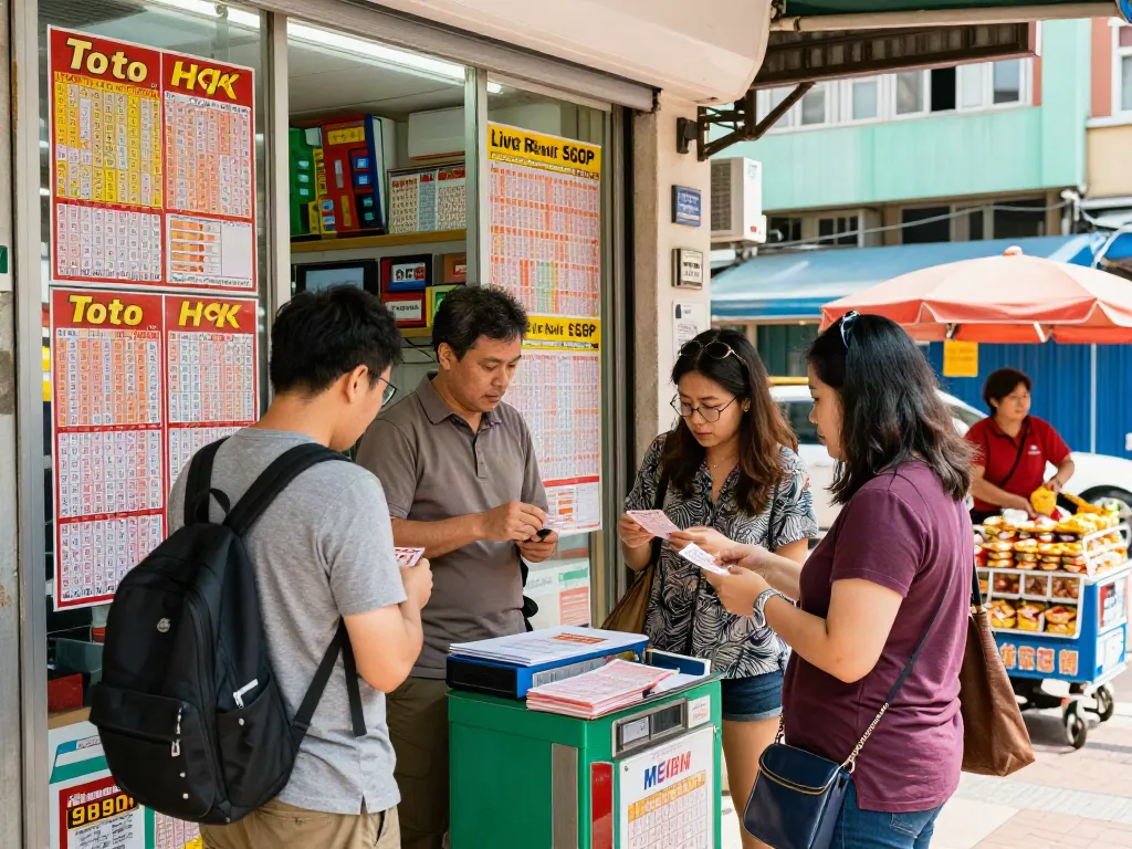 Suasana ramai di toko lotre dengan pengunjung membeli tiket dewitogel