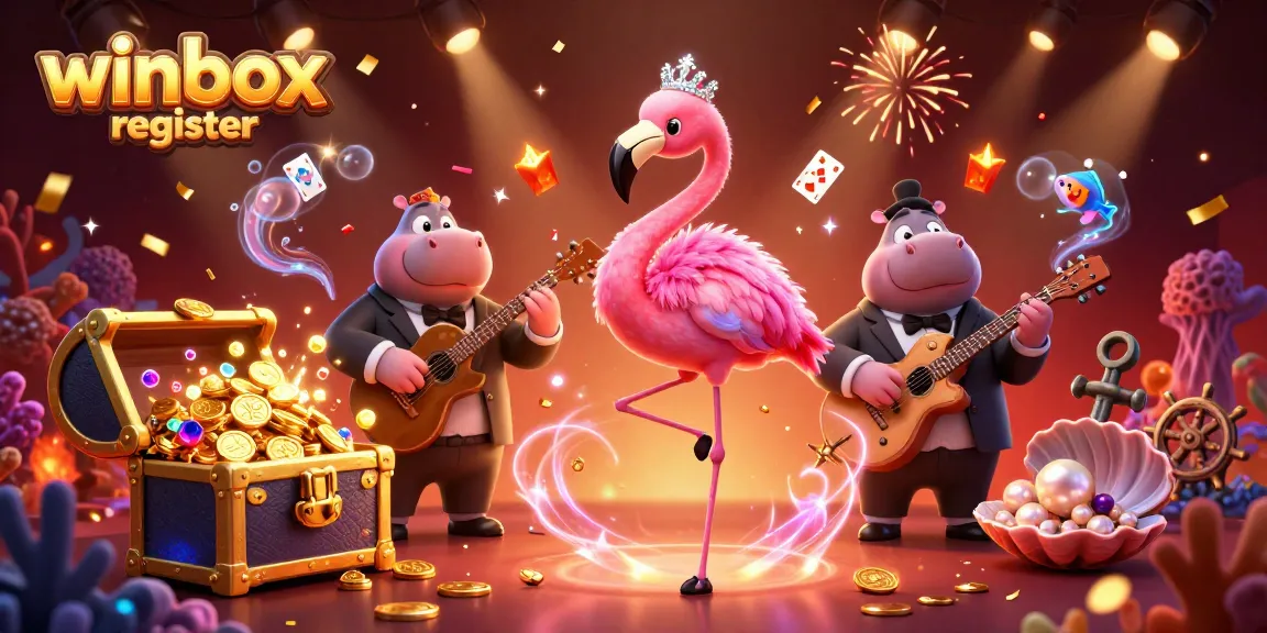 Winbox register site with a vibrant casino illustration featuring a flamingo and hippo, surrounded by game elements.
