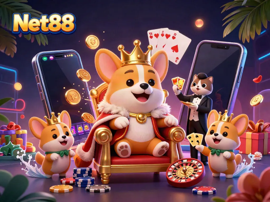 Net88 offers thrilling gaming adventures with a royal corgi on a poker chip throne, showcasing excitement and luxury.