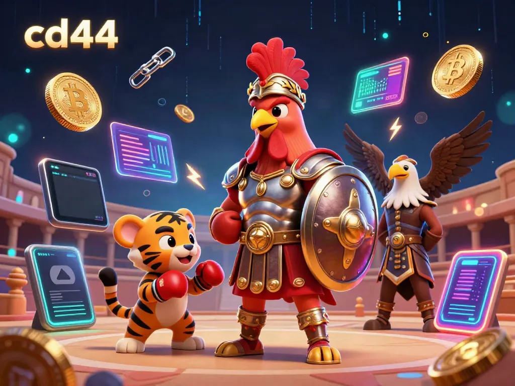 Engage with cd44's thrilling casino scene featuring gladiator rooster, NFT elements, and crypto coins.