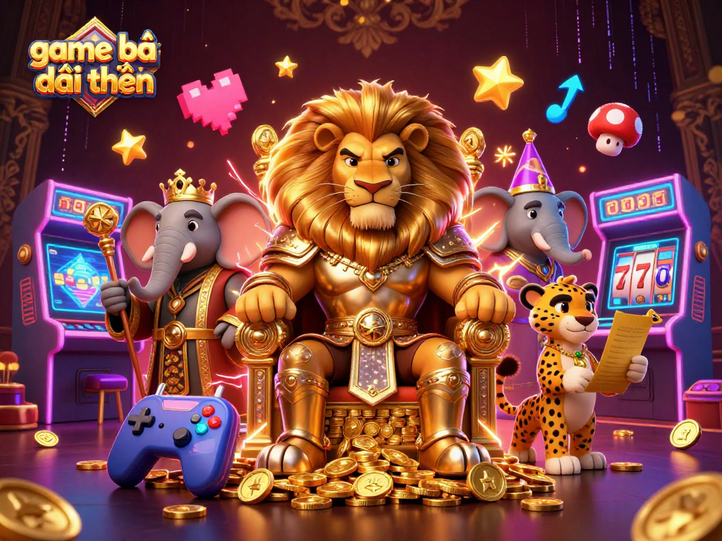 Engage in thrilling game bài đổi thưởng with a majestic lion king, jackpot symbols, and vibrant casino elements