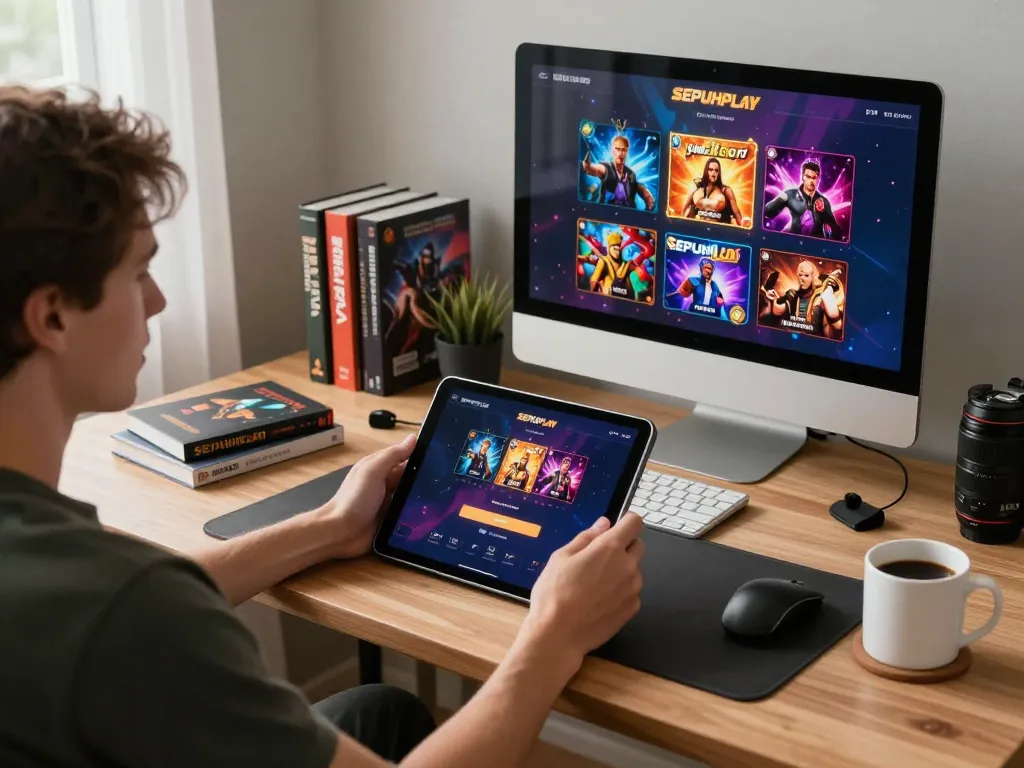 Pengalaman login SEPUHPLAY yang menarik di tablet dalam pengaturan permainan di rumah yang nyaman.
