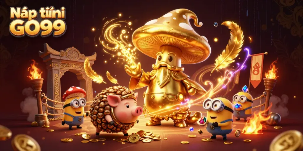 Nạp tiền GO99 illustration featuring a golden wizard and treasure-seeking characters in a vibrant casino setting