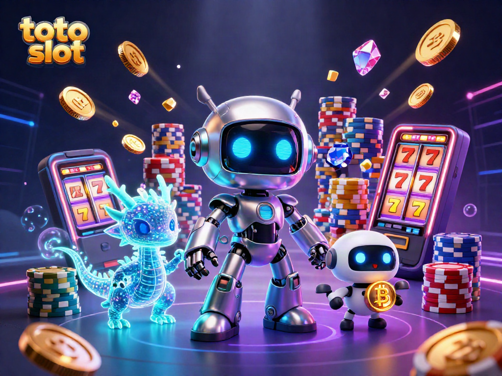Menggunakan slot toto untuk memenangkan jackpot sambil dikelilingi karakter futuristik dan elemen kasino.