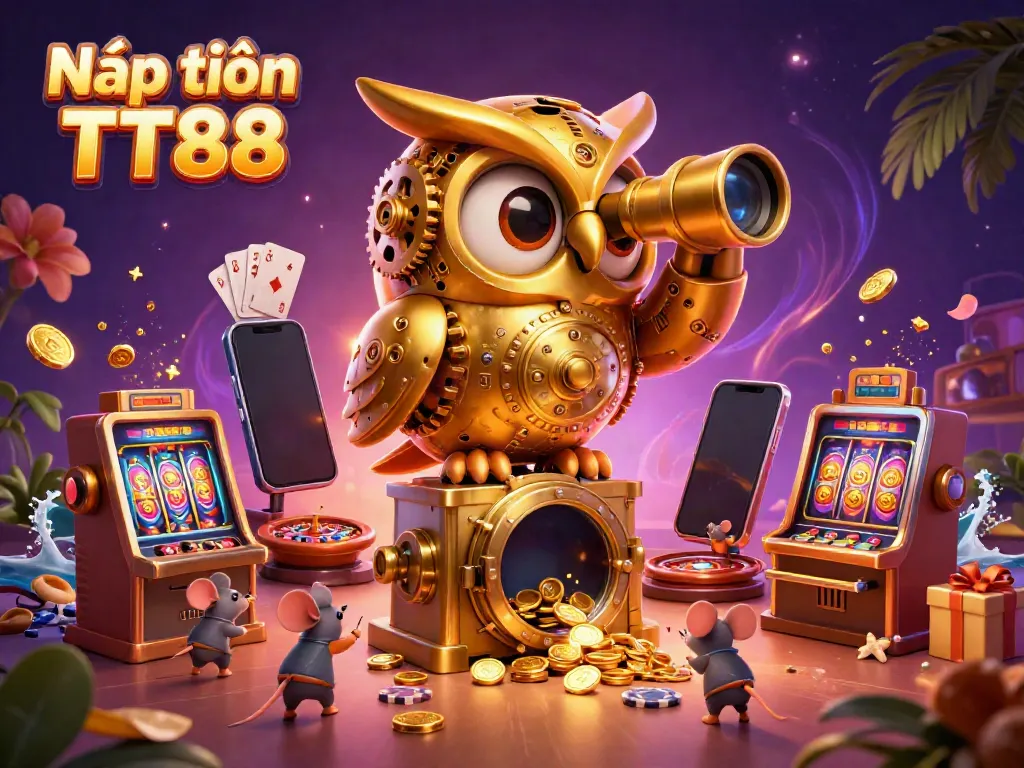 Nạp tiền TT88 with a 3D cartoon golden owl observing a vibrant casino scene filled with slot machines and joyful patrons.