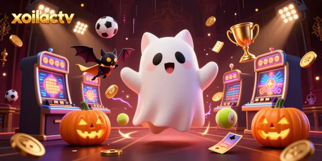 Xoilactv presents a vibrant 3D scene with ghost cat, bat, and glowing jack-o-lanterns in an engaging casino atmosphere.