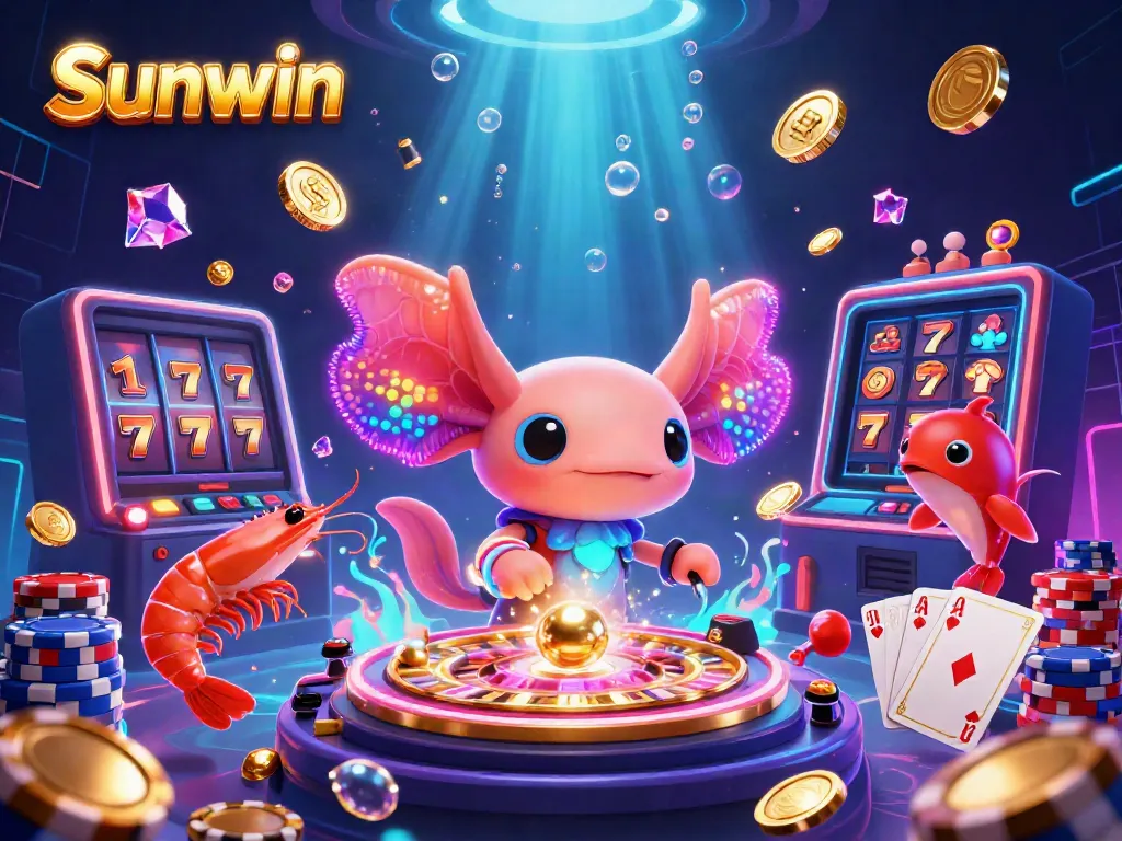 Experience the thrill of Sunwin with a dynamic casino illustration featuring an axolotl DJ and gaming elements.
