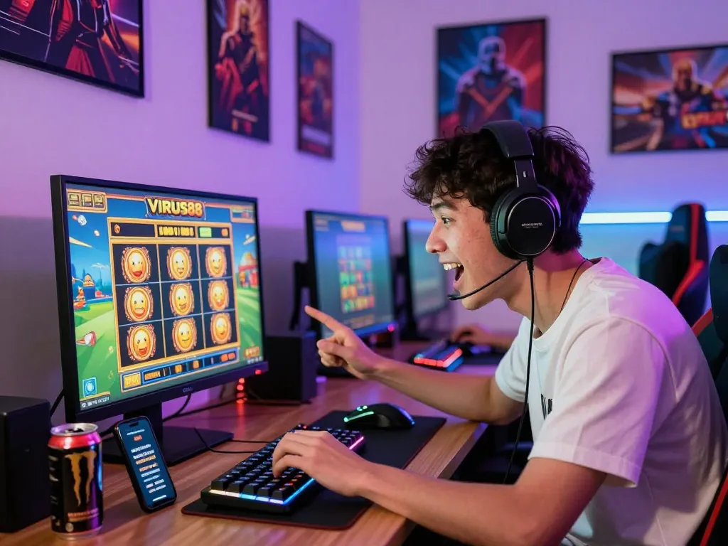 Pemain menikmati slot online VIRUS88 dalam pengaturan permainan yang hidup dengan pencahayaan ambient.
