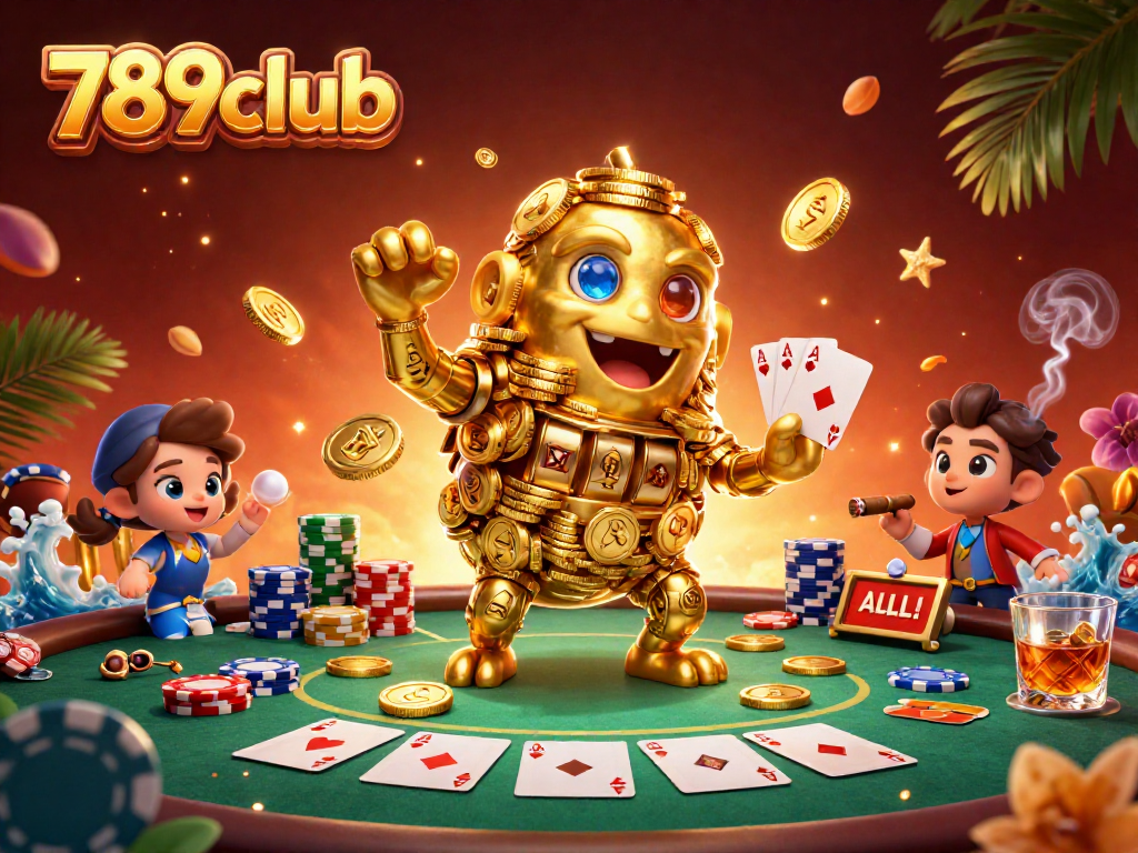 Experience thrilling action at 789club with a dynamic casino scene featuring a golden golem and poker elements.