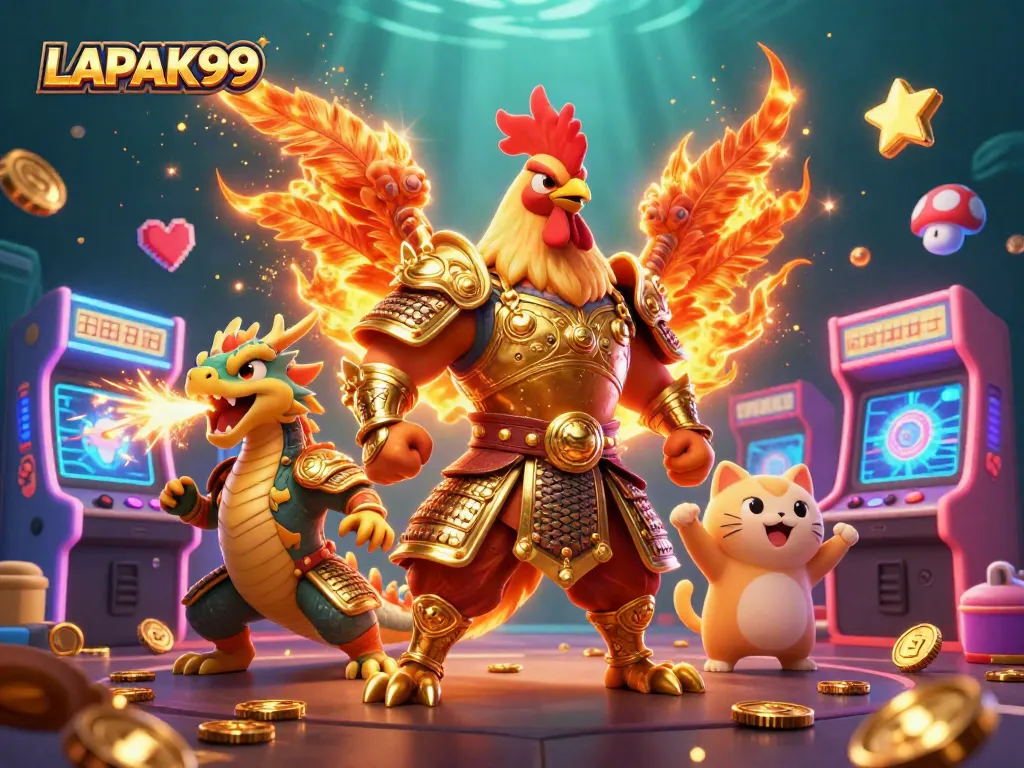 Engage with LAPAK99's vibrant casino experience featuring a rooster warrior and treasure-filled atmosphere.