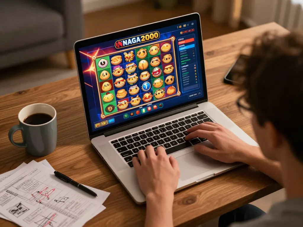 NAGA2000 player enjoying an online slot game on a laptop in a cozy home setting.