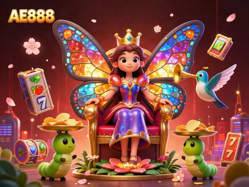 Join the colorful world of AE888 with a 3D butterfly queen surrounded by vibrant slot game symbols and casino chips, celebrating the joy of gambling.