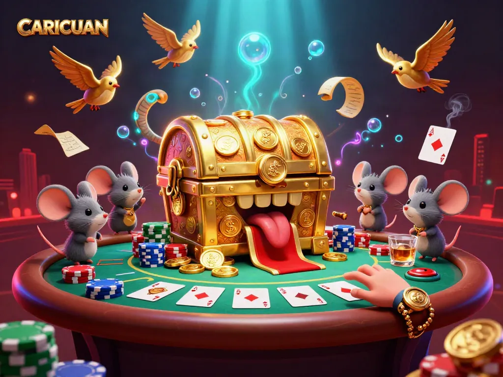 Experience CARICUAN's vibrant casino scene with treasure chests, poker chips, and adventurous mice.