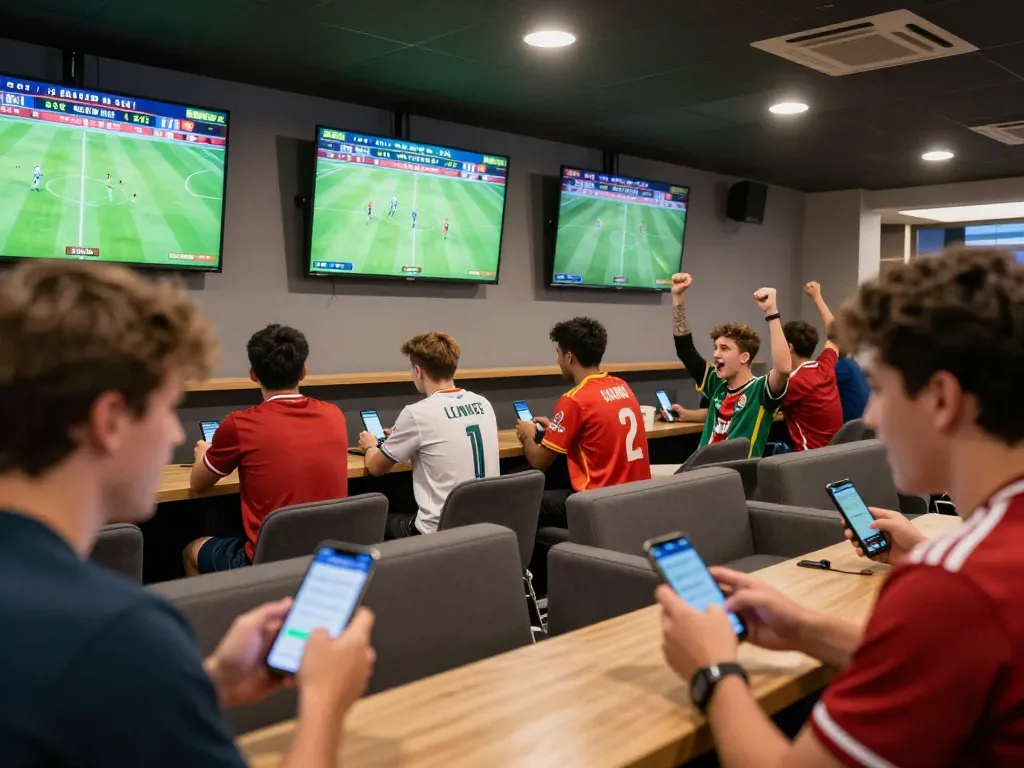 Cá độ bóng đá action in a bustling sports betting lounge with fans cheering and engaging.