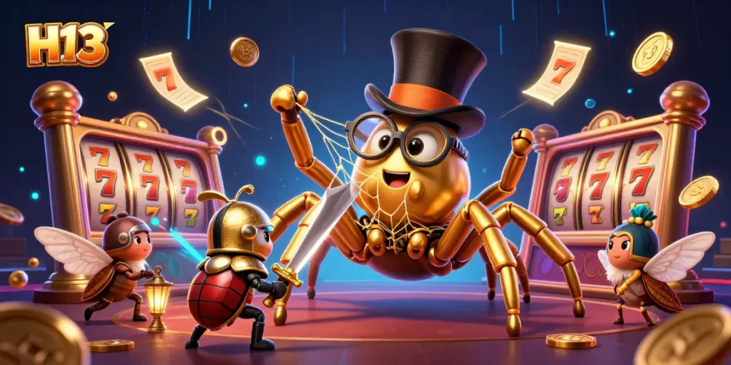 Engage with H13's vibrant casino scene where a golden tarantula weaves a web of luck amidst slots and trophies.