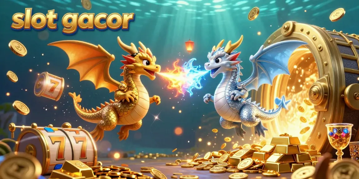 Engage with slot gacor in this vibrant 3D scene featuring mythical dragons and slot symbols.