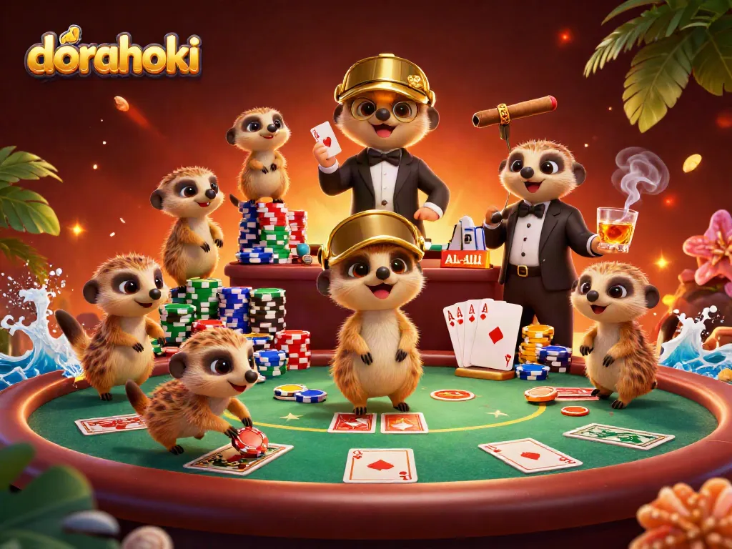 Dorahoki menunjukkan koloni meerkat 3D bernuansa kasino dengan permainan dan chip menggiurkan.