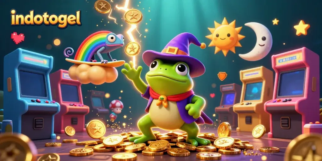 Experience the thrill of indotogel with magical characters amidst golden coin storms and dynamic game elements.