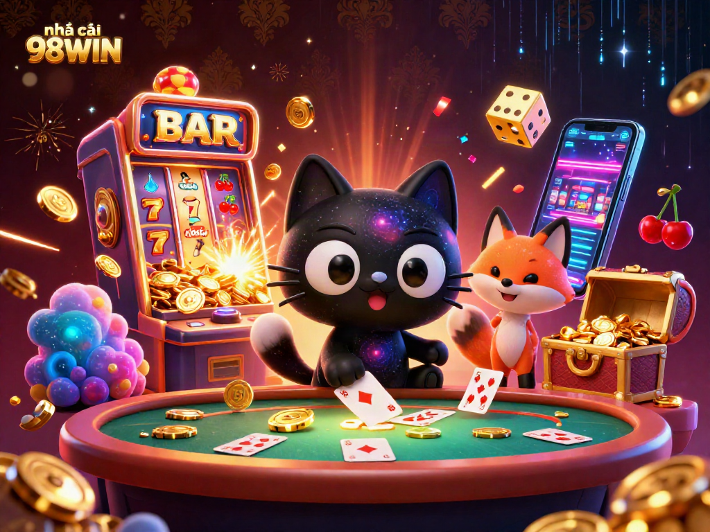 Engage with nhà cái 98WIN at a cosmic casino table showcasing vibrant gaming elements and excitement.