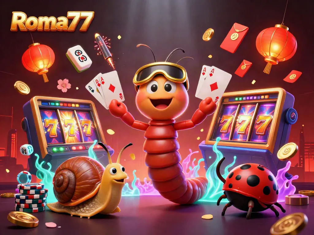 Experience online gaming with Roma77 as a colorful 3D dealer engages in a lively slot game.
