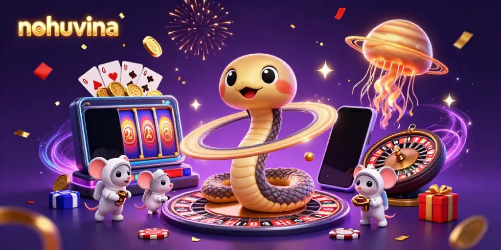 Experience the fun of gaming at nohuvina with a cosmic roulette scene and slot game elements.
