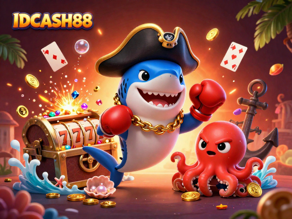 Engage in exciting wins with IDCASH88, featuring a pirate shark, pufferfish, and octopus in a dynamic casino scene.