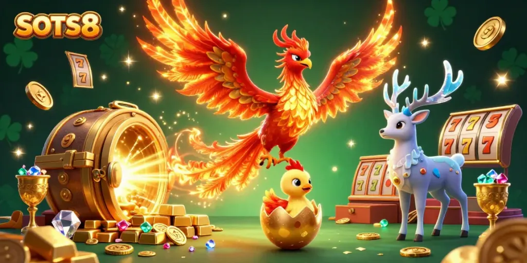 Engage with SLOTS8 as a phoenix rises in a vibrant casino scene bursting with treasures and slot elements.