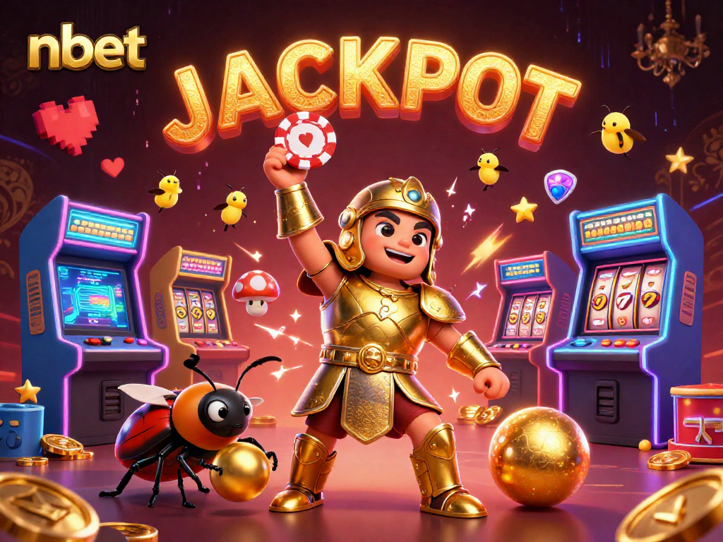 Win big at nbet with a 3D beetle champion lifting a poker chip, surrounded by arcade games.