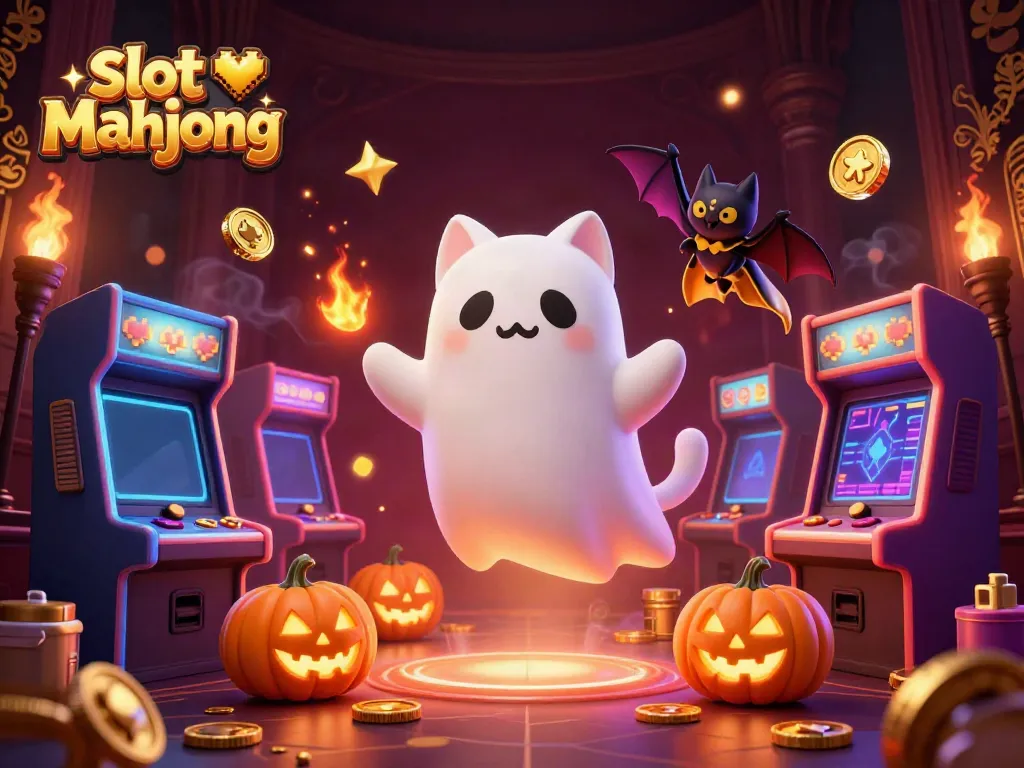 Menang di slot mahjong dengan kucing hantu dan kelelawar dalam suasana kasino berhantu.