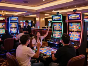 Kaisar888 slot players celebrating wins under bright casino lights, vibrant atmosphere.