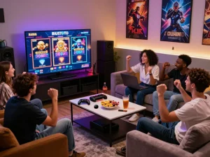 Exciting BIUSTOTO online slot gaming scene with friends cheering in a vibrant gaming room.