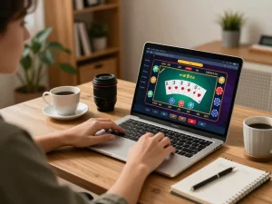 Engaged player using WW88 laptop for online gambling strategies in warm, inviting home office.