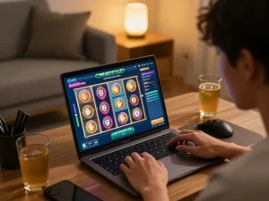Playing toto macau slot on a laptop in a cozy modern gaming setup.