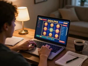 Engaged player focusing on qqalfa slot gameplay, surrounded by cozy home atmosphere and betting notes
