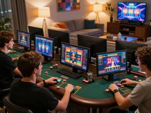 Players enjoying the excitement of online gambling at 789bet with multiple devices and cozy atmosphere.