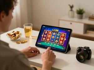 Engaging with LC88 casino app on a tablet in a cozy home setting.