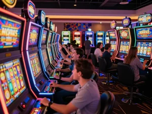 Players engaging at vibrant slot machines celebrating big wins in a lively casino atmosphere.