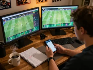 Kuwin sports betting setup with live odds displayed on screens for strategic wagering