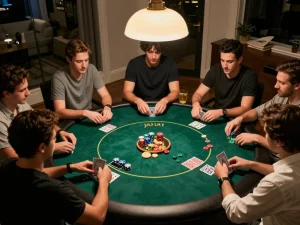 Engaging home poker night showcasing friends enjoying their game while utilizing the slot88 resmi strategies.