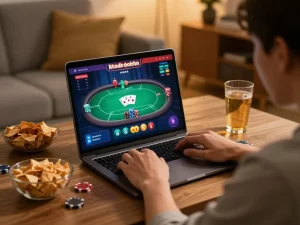 Pemain Kenzototo online menikmati permainan poker yang menarik di rumah dengan makanan ringan, menyoroti perjudian yang bertanggung jawab.