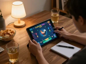 Buổi chơi game Cá đó đá gà thomo trực tuyến với tablet, đồ họa sống động và không gian ấm cúng.